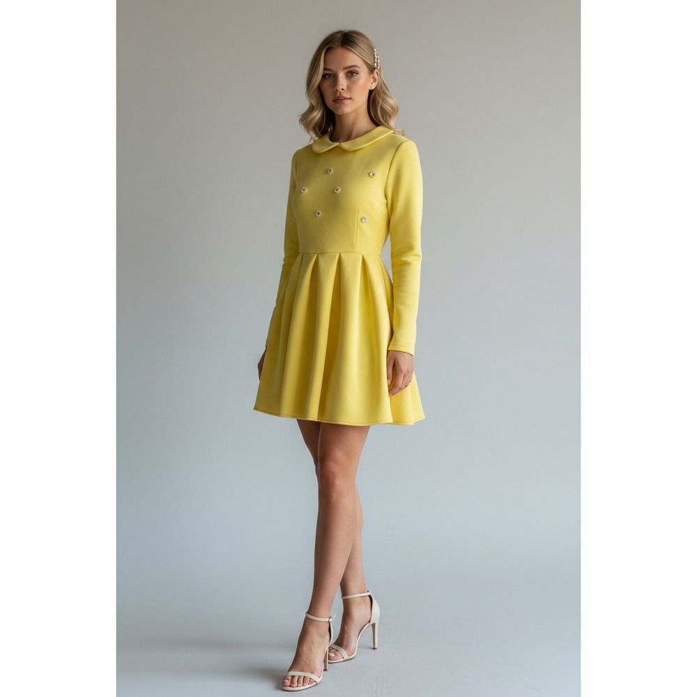 Yellow Pearl Embellished Peter Pan Collar Skater‎ Mini Dress Size 10 Small